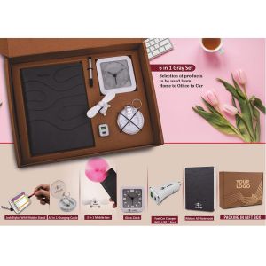 101-Q93*6 in 1 Gray set Mobile Fan All in 1 Cable with Keychain Fast Dual USB Car charger Jack stylus with phone stand Glow Clock and A5 PU notebook in Kraft Gift Box