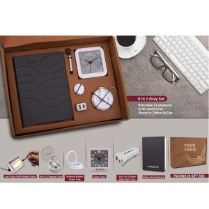 101-Q97*6 in 1 Gray set Mobile Finger ring All in 1 Cable with Keychain Fast Dual USB Car charger Jack stylus with phone stand Glow Clock and A5 PU notebook in Kraft Gift Box
