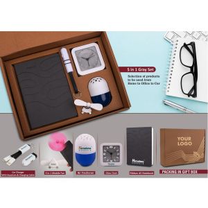 101-Q98*5 in 1 Gray set Mobile Fan Keychain with Car charger and cable Air Freshener 100 gm  Glow Clock and A5 PU notebook in Kraft Gift Box
