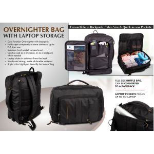 101-S26*Overnighter bag with Laptop storage | Convertible to Backpack | Cabin size | Quick access pockets