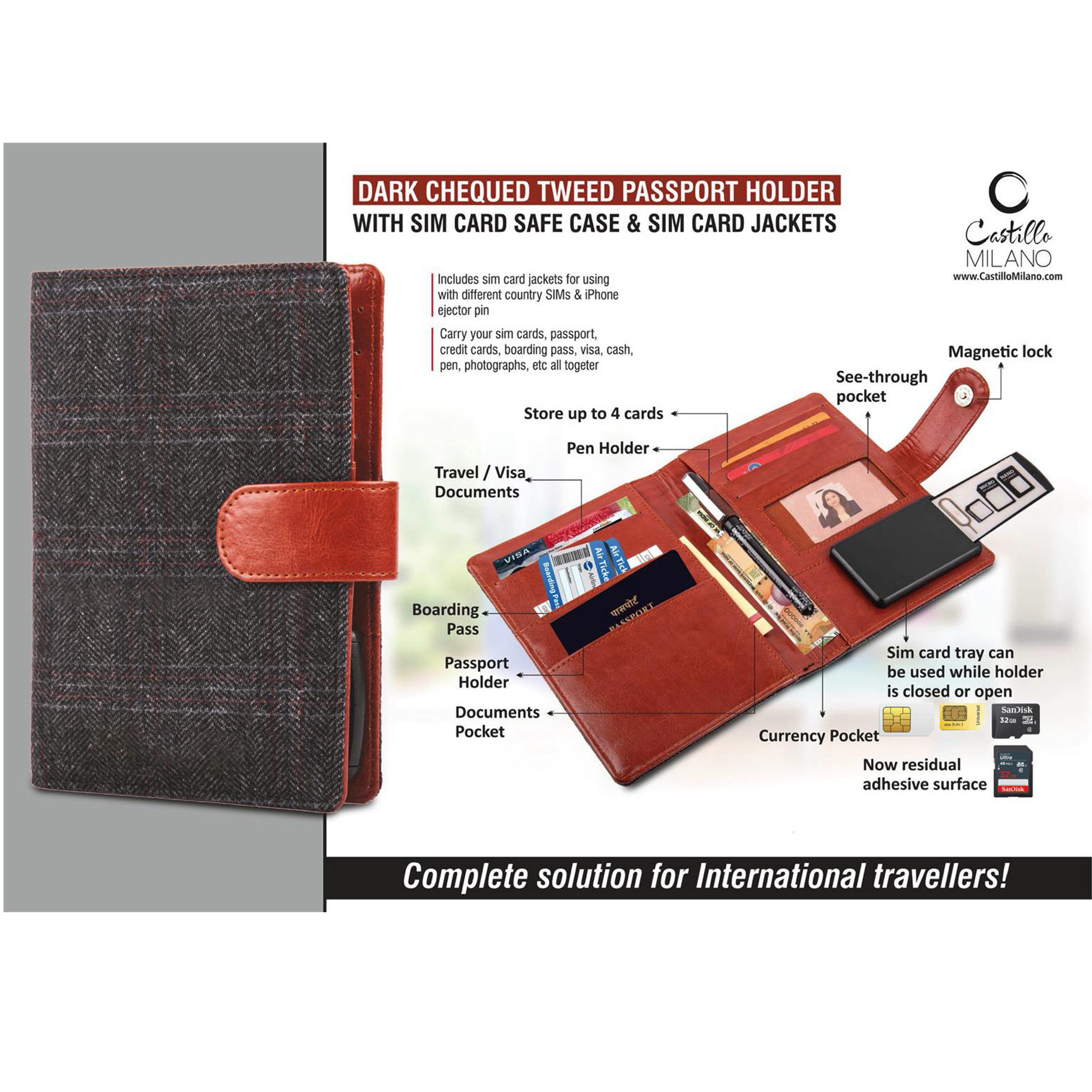 101-S31*Dark Chequed Tweed Passport holder