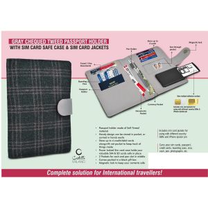 101-S34*Gray Chequed Tweed Passport holder with Sim Card Safe Case & Sim Card Jackets