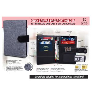101-S37*Gray Canvas Passport holder with Sim Card Safe Case & Sim Card Jackets