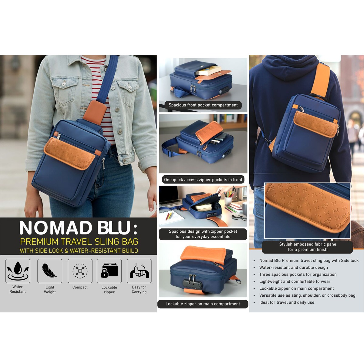 101-S75*Nomad Blu Premium travel sling bag with Side lock