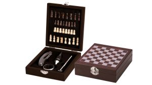Wooden Chess Board Game with Wine Gift Set (Wine Opener, Drip Collar, Bottle Stopper, Wine Thermometer) 