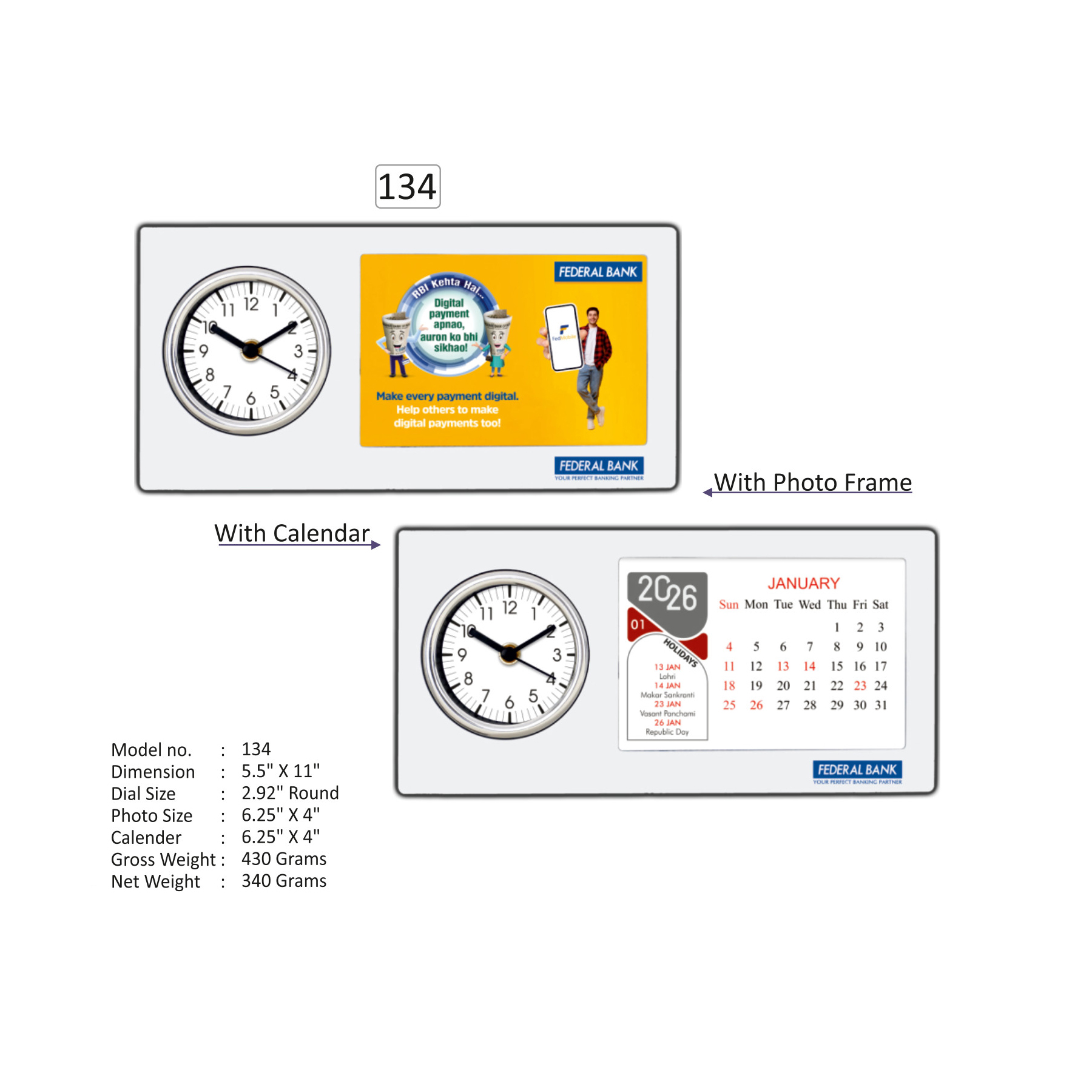 22026134*TABLE CLOCK WITH PHOTO FRAME & CALENDAR