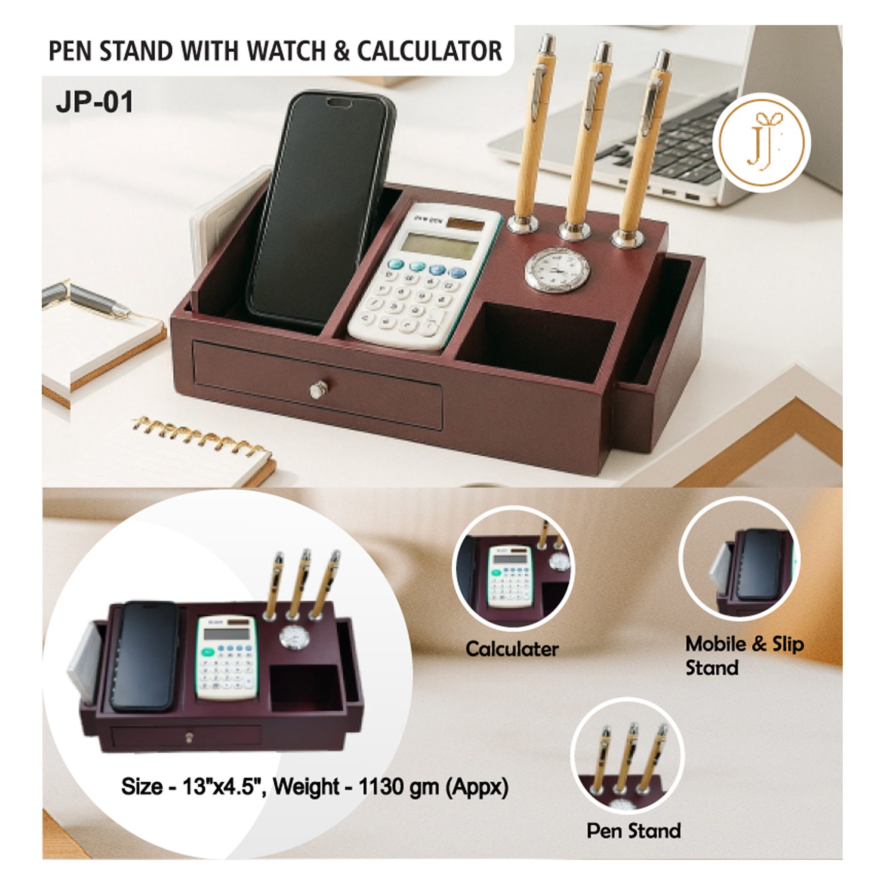 52025JP01*WOODEN PENSTAND WITH WATCH & CALCULATOR