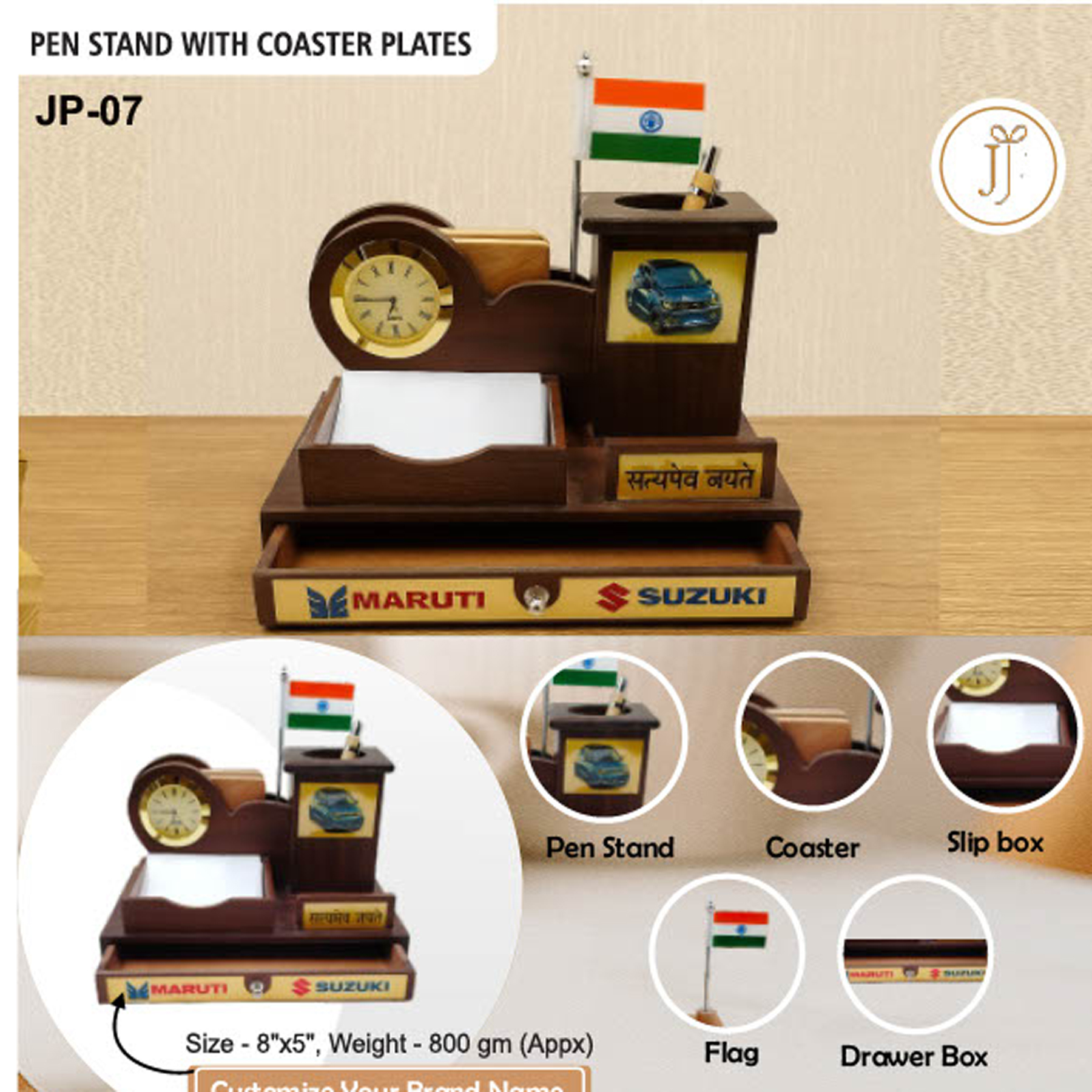 52025JP07*WOODEN PENSTAND WITH COASTER PLATES