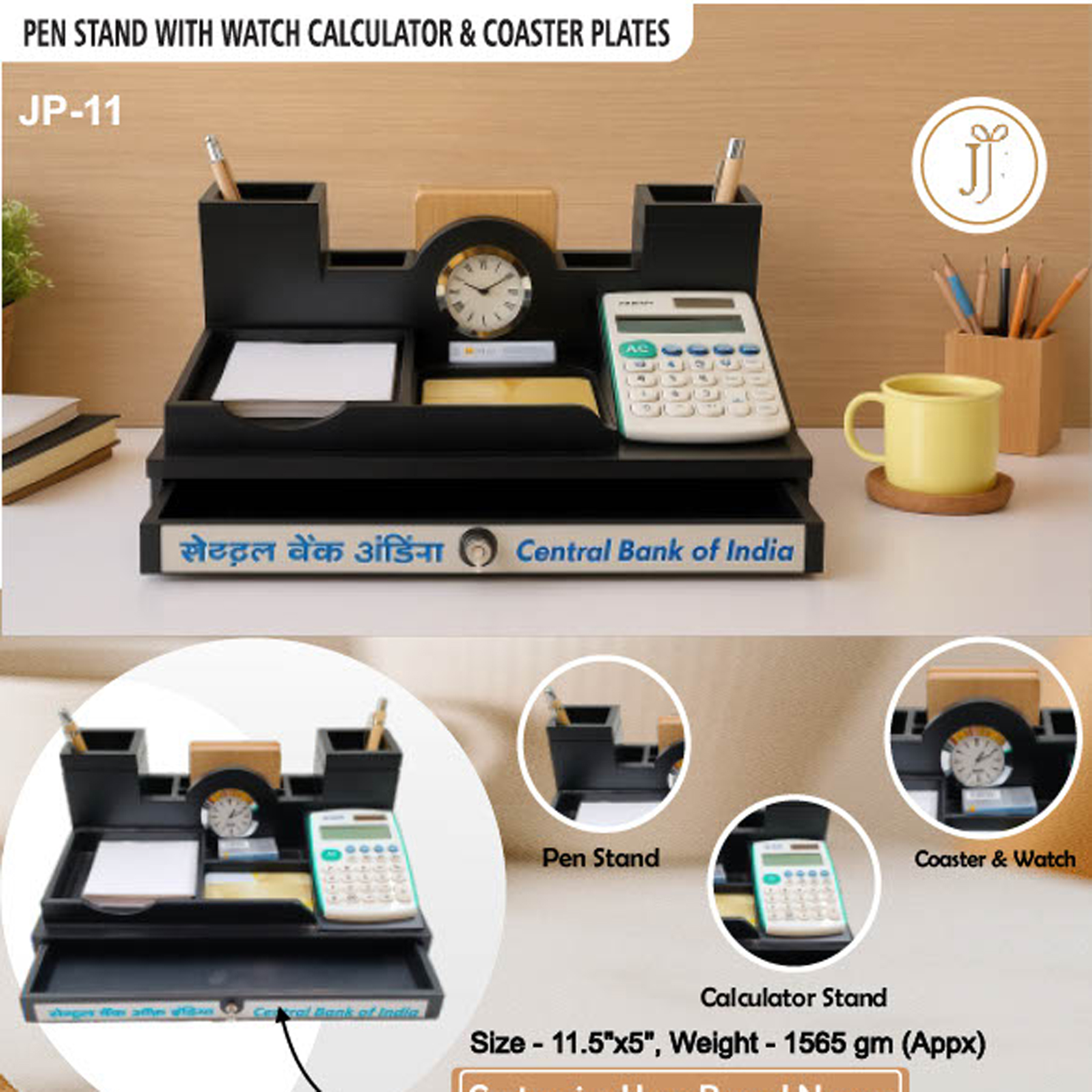 52025JP11*WOODEN PENSTAND WITH CALCULATOR & COASTER PLATES
