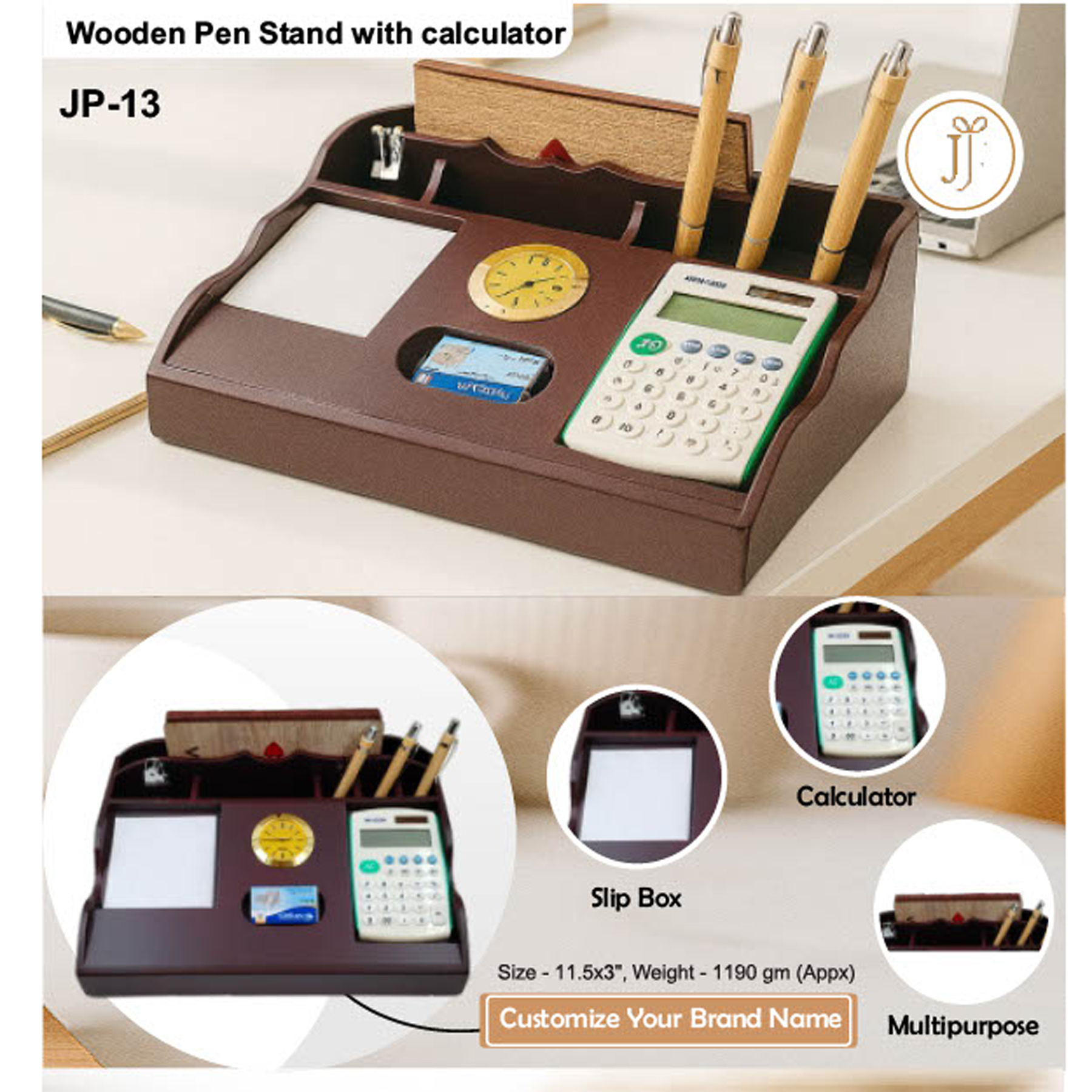 52025JP13*WOODEN PENSTAND WITH WATCH & CALCULATOR