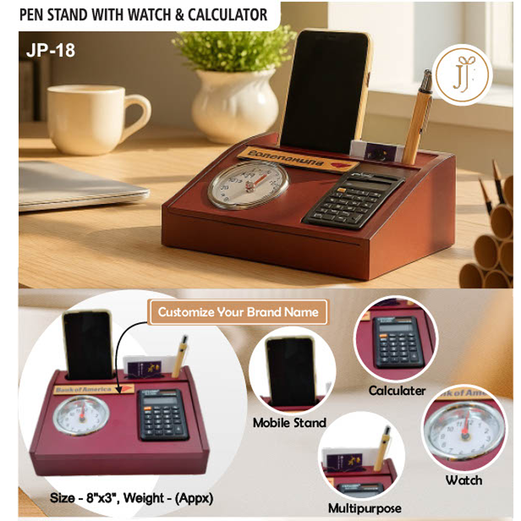 52025JP18*WOODEN PENSTAND WITH WATCH & CALCULATOR