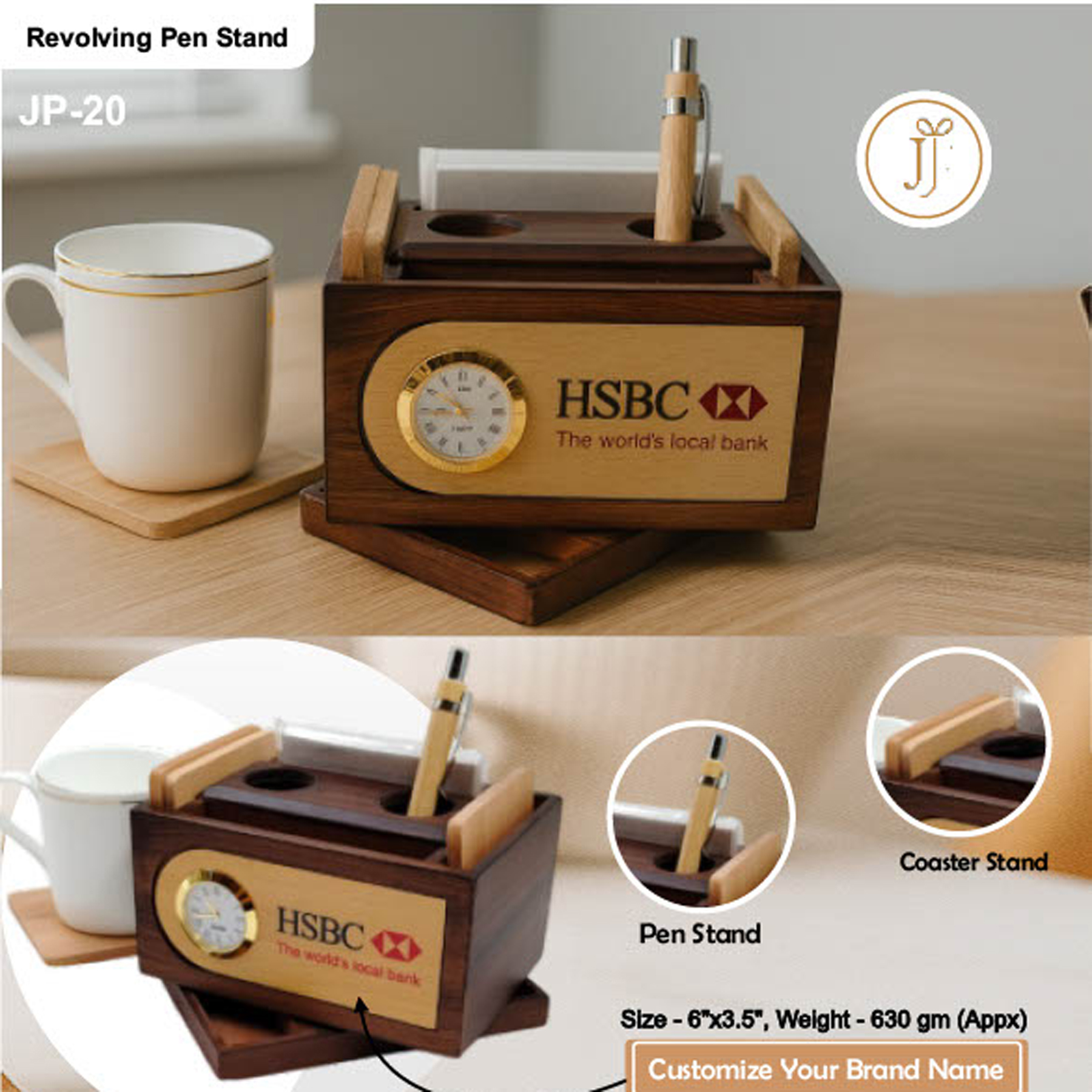 52025JP20*WOODEN REVOLVING PENSTAND WITH COASTER PLATES