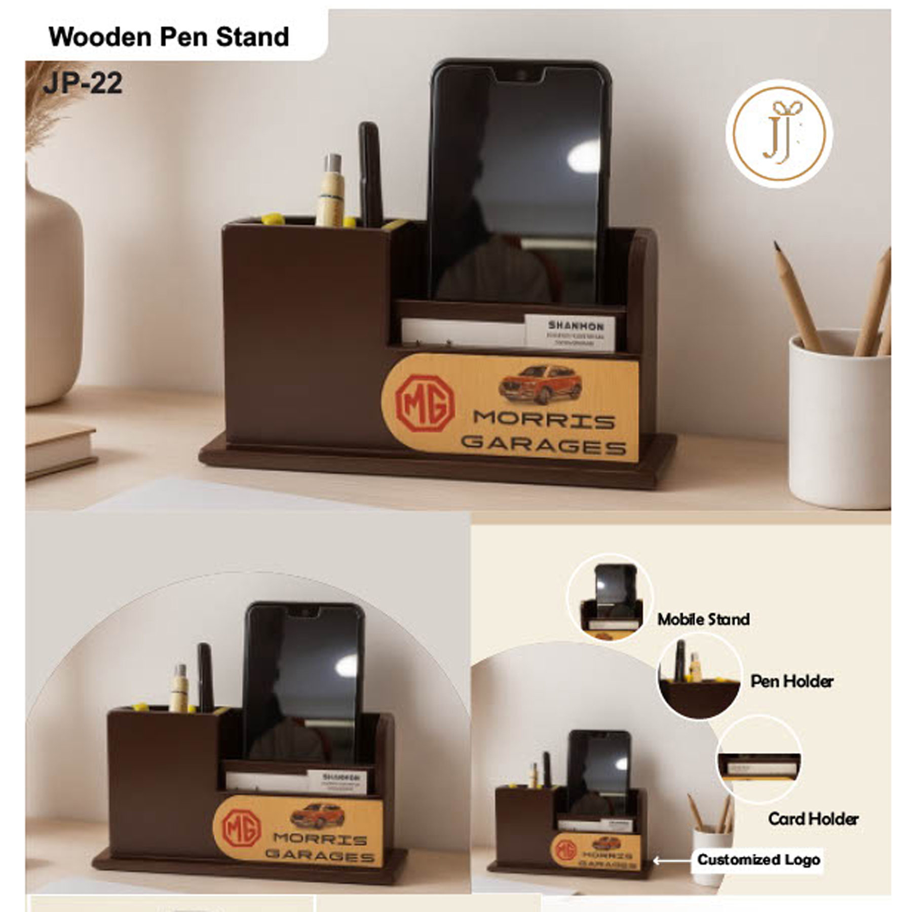52025JP22*WOODEN REVOLVING PENSTAND WITH COASTER PLATES