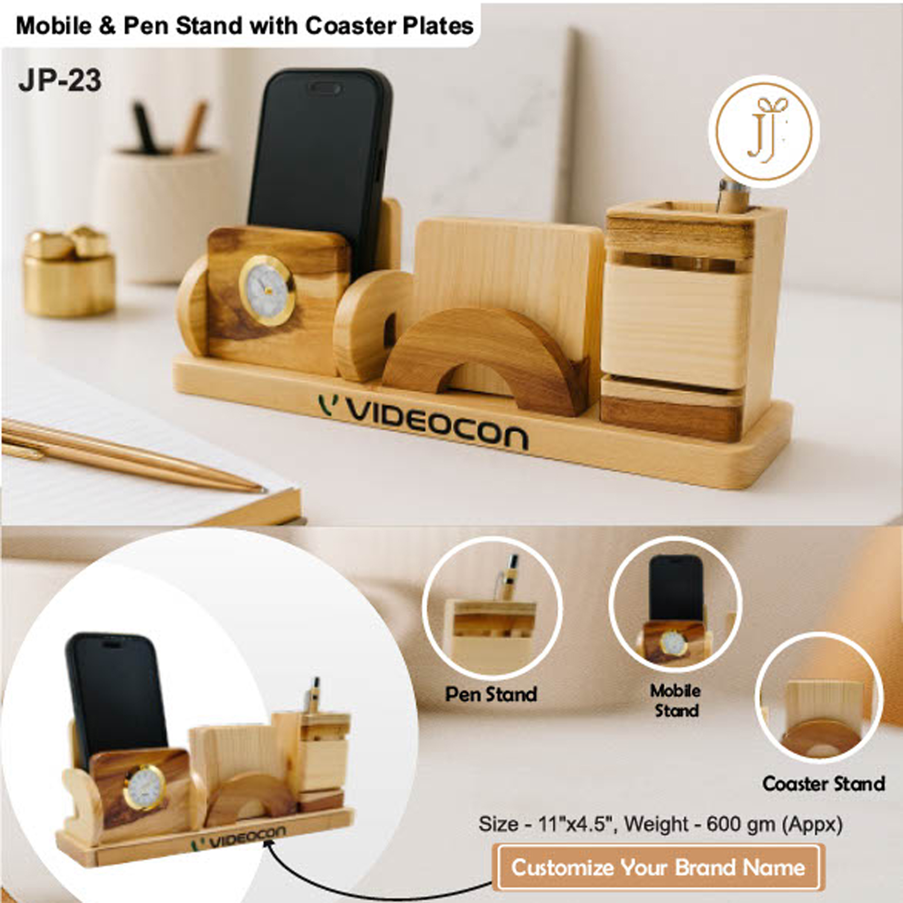 52025JP23*WOODEN PENSTAND WITH COASTER PLATES