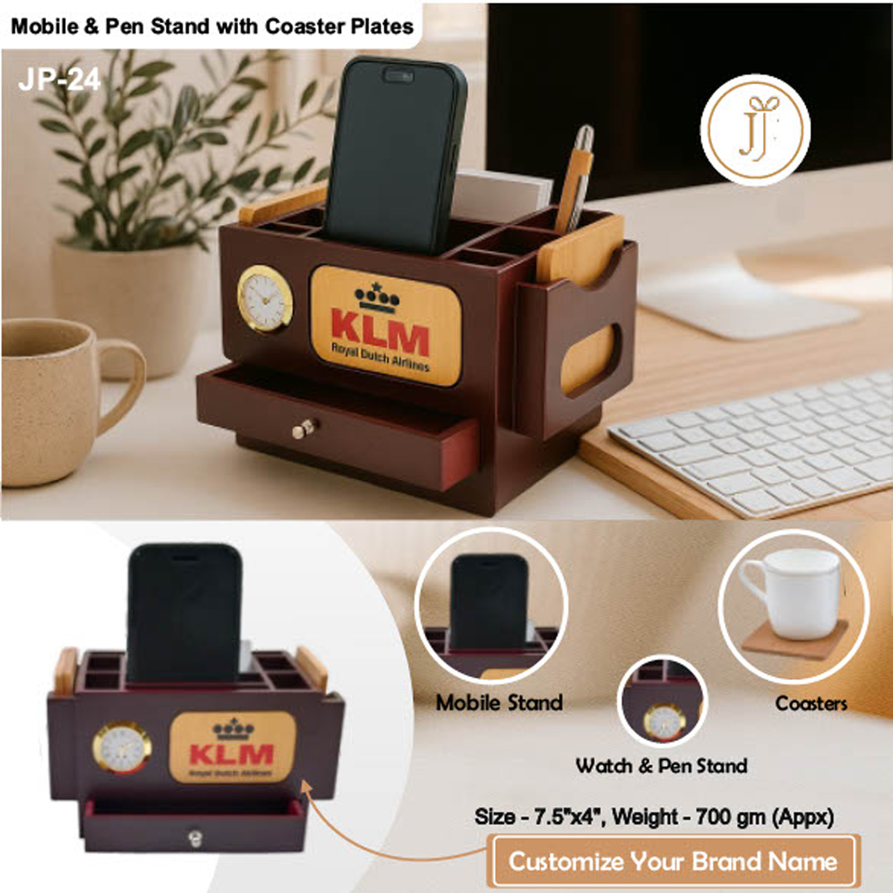 52025JP24*WOODEN PENSTAND WITH COASTER PLATES