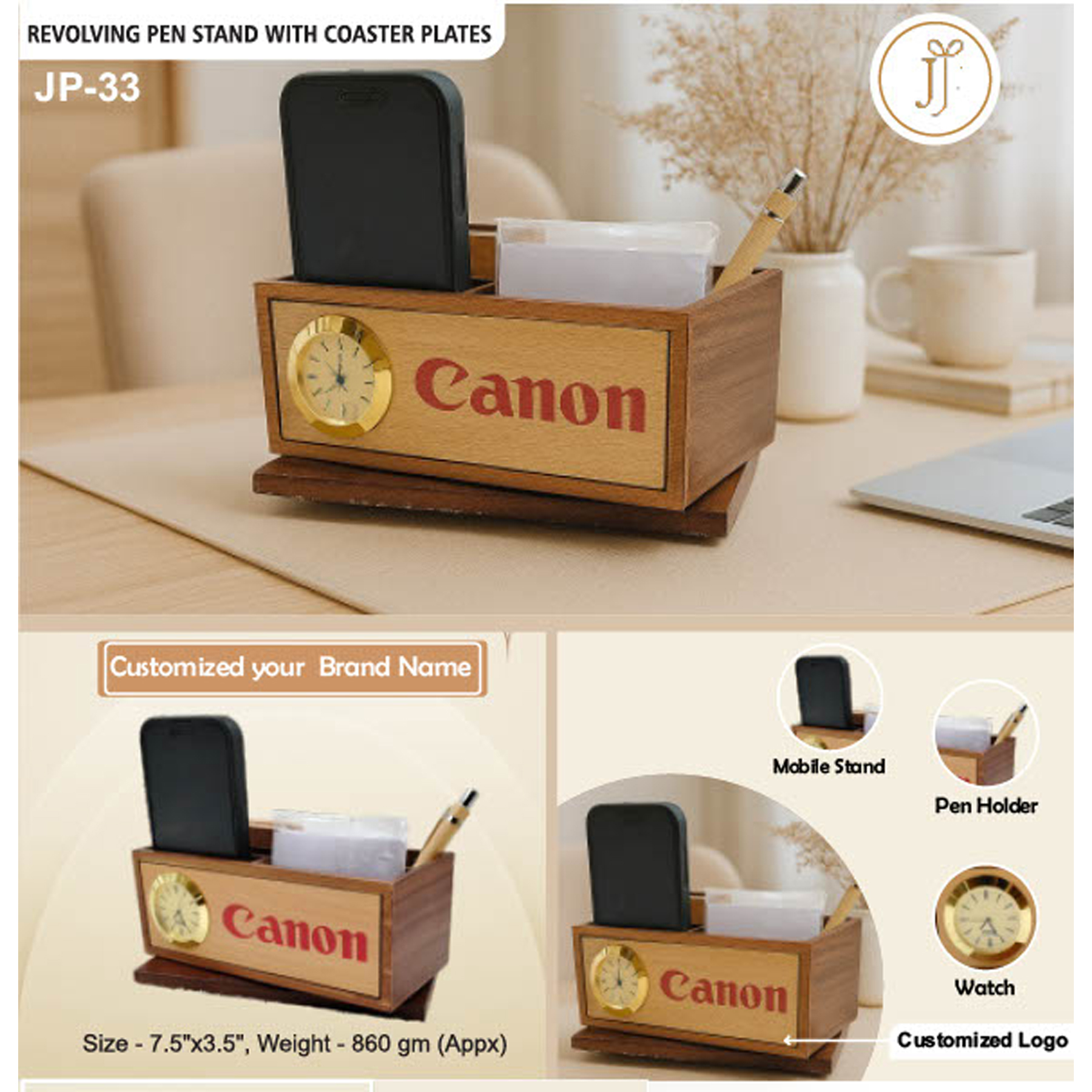 52025JP33*WOODEN REVOLVING PENSTAND WITH COASTER PLATES