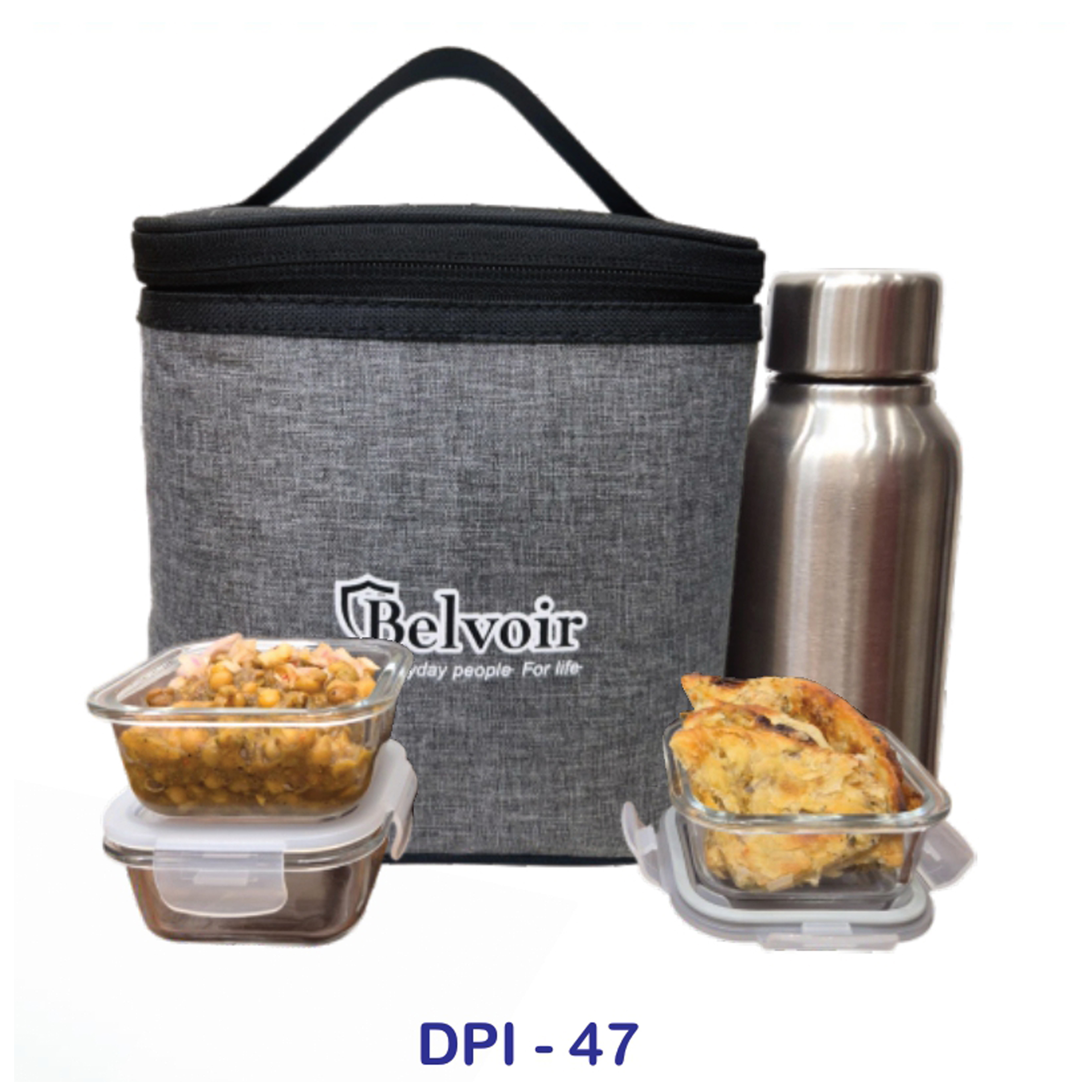 53202547*LEEVA LUNCH BOX WITH 3 GLASS CONTAINERS & BOTTLE