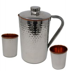 SS Copper Hammered Jug with 2 glass gift set DC 19