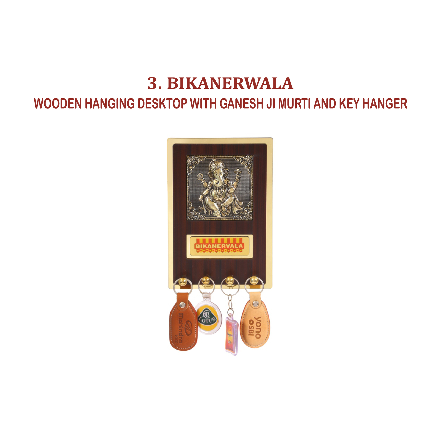 96202503*WOODEN HANGING DESKTOP WITH GANESH JI MURTI & KEY RING HANGER