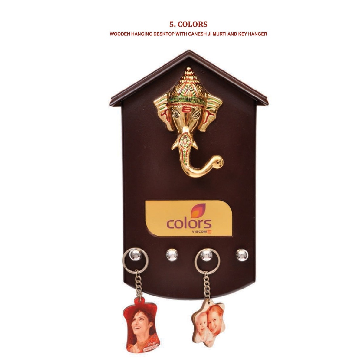 96202505*WOODEN HANGING DESKTOP WITH GANESH JI MURTI & KEY RING HANGER