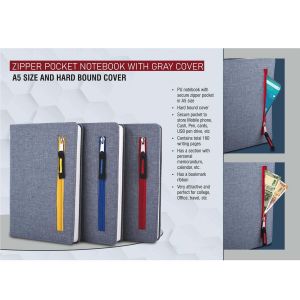 Zipper Pocket Notebook With Gray Cover | A5 Size | Hard Bound Cover | With Memorandum & Bookmark Ribbon| 80 Gsm Sheets | 160 Undated Pages
