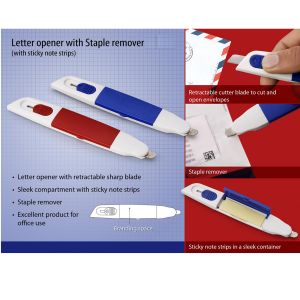 Letter opener with Staple remover and sticky note strips