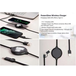 PowerGlow Wireless Charger | Charging Cable (IOS, Micro, Type C) | Logo Glow Function
