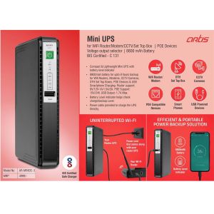 Artis Mini UPS For WiFi Router/Modem/CCTV/Set Top Box/POE Devices | Voltage Output Selector | 8800 MAh Battery | BIS Certified (AR-MINIDC-3) 