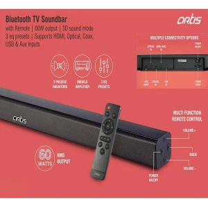 Artis Bluetooth TV Soundbar With Remote | 60W Output | 3D Sound Mode | 3 Eq Presets | Supports HDMI, Optical, Coax, USB &