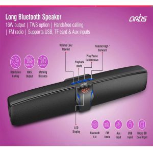 Artis Long Bluetooth Speaker | 16W Output | TWS Option | Handsfree Calling | FM Radio | Supports USB, TF Card & Aux Inputs