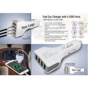 Fast Car Charger With 4 USB Ports | 18W QC3.0+2.4A 12W