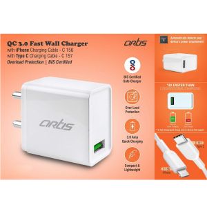 Artis QC 3.0 Fast Wall Charger With Type C Charging Cable | Overload Protection | BIS Certified