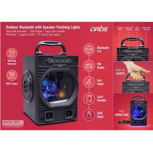Artis Outdoor Bluetooth Speaker With Flashing Lights | Wired Mic Included | 10W Output | Easy Carry Handle | FM Radio | Supports USB, TF Card & Aux Inputs