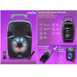 Artis Bluetooth Trolley Speaker with Remote - 40W output with Flashing lights - Wireless Mic included - Supports USB, FM Radio, TF card, Aux in, Mic In (BT908)