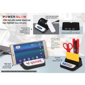 PowerGlow USB hub with mobile stand and logo highlight (Back USB ports)
