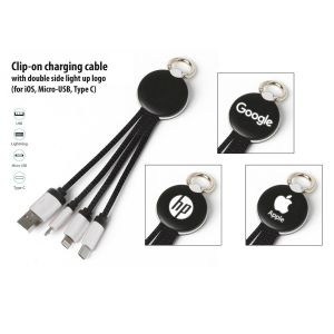 Clip-on charging cable with double side light up logo (iOS, Micro-USB, Type C)
