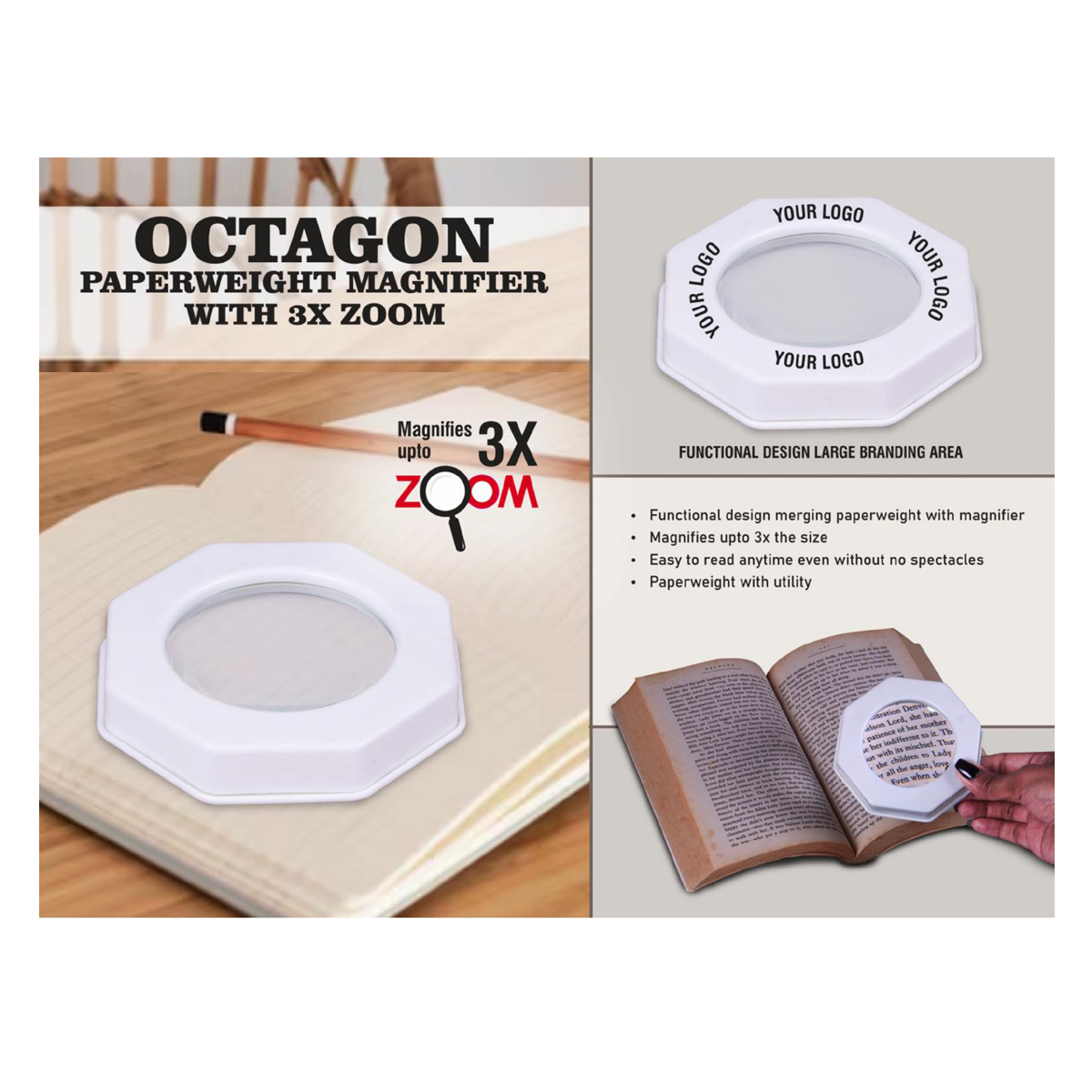 101-E388*Octagon Paperweight magnifier with 3X Zoom