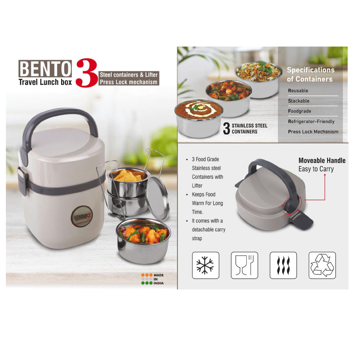 101-H154A*Bento Travel Lunch box with 3 Steel containers