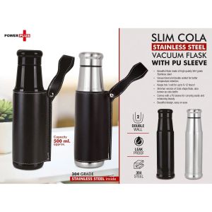 Slim Cola Stainless Steel Vacuum Flask With PU Sleeve 500 Ml Approx