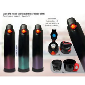 Dual Tone Double Cap Vacuum Flask / Sipper Bottle | Double Cap Set Included | Capacity 1 L