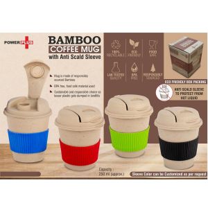 Bamboo Coffee Mug: Eco Friendly Mug With Flip Top Lid And Anti-Scald Sleeve | Capacity 250 Ml