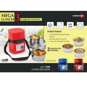 Power Plus Mega Steel Lunch Box- 3 Stainless Steel Containers With Lifter