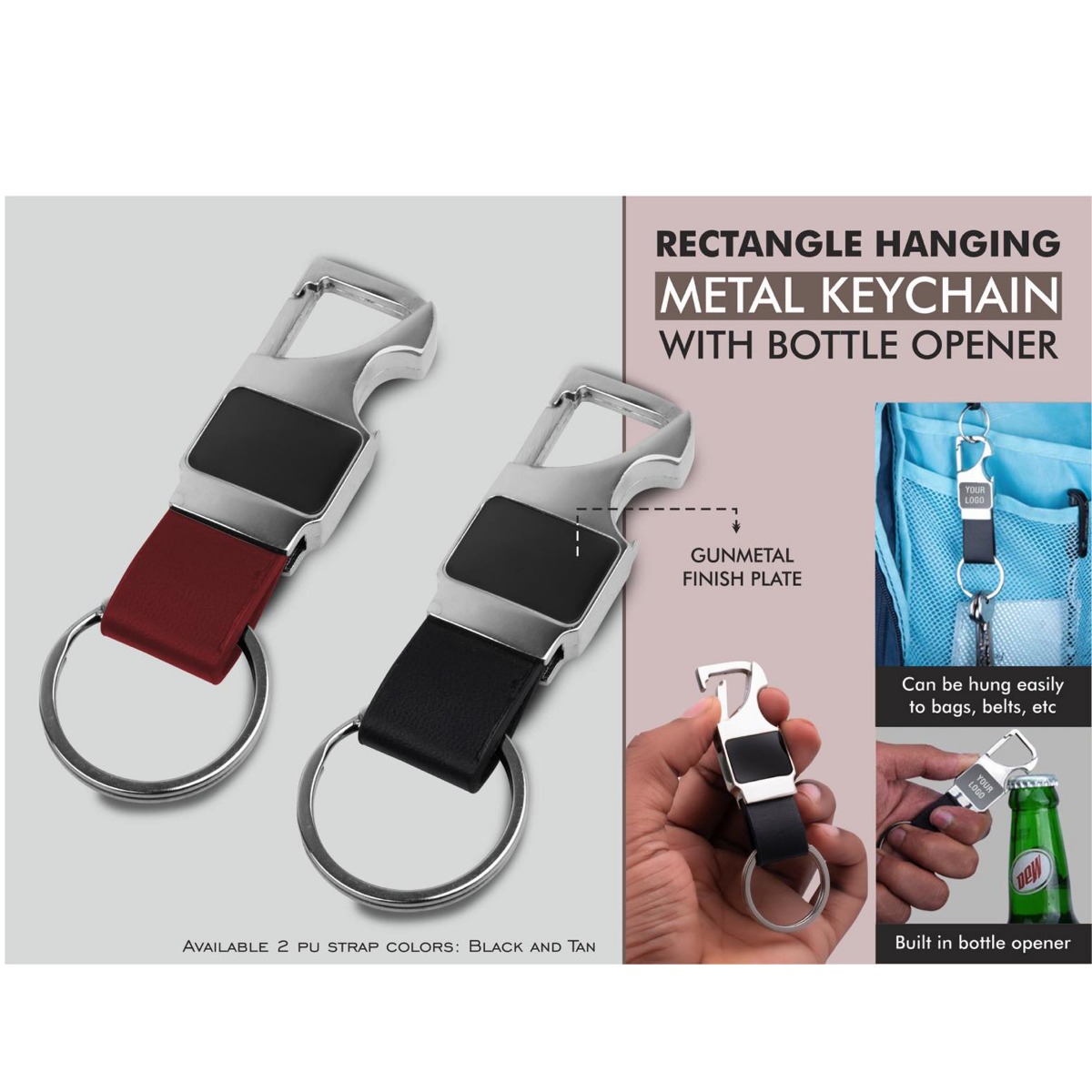 101-J120*Rectangle hanging metal keychain with Bottle Opener Gunmetal Plate with PU strap