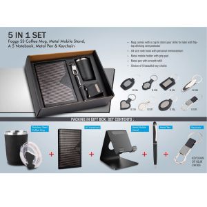 5 In 1 Set: Foggy SS Coffee Mug, Metal Pen, Metal Mobile Stand, A5 Notebook And Keychain