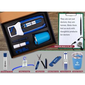 Q70 – Doctor Mug Set: Folding Coat Hanger, Lint Remover, Folding Scissors, Mobile/Tablet Stand, Pen/Pencil Combo, Stainless Steel Mug | 6 Pc Set
