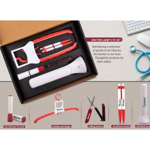 Q73 – Doctor Lamp Set: Folding Coat Hanger, Lint Remover, Folding Scissors, Pen/Pencil Combo, COB Desk Lamp | 5 Pc Set