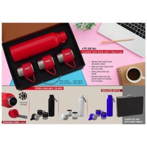 4 Pc Gift Set : Insulated Steel Bottle With 3 Steel Cups | Keeps Hot For 4-6 Hours | Heavy Gift Box With Handle