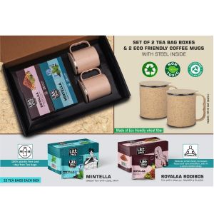 101-Q85*Set Of 2 Tea Bag Boxes With 2 SS Eco Mugs | Total 50 Tea Bags | Mugs Made Of Wheat Straw Material