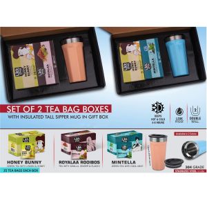101-Q87*Set Of 2 Tea Bag Boxes With Tall SS Insulated Mug | Total 50 Tea Bags | Mug Keeps Hot 