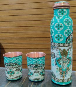 Meena Print copper bottle with 2 glass gift set DC 53